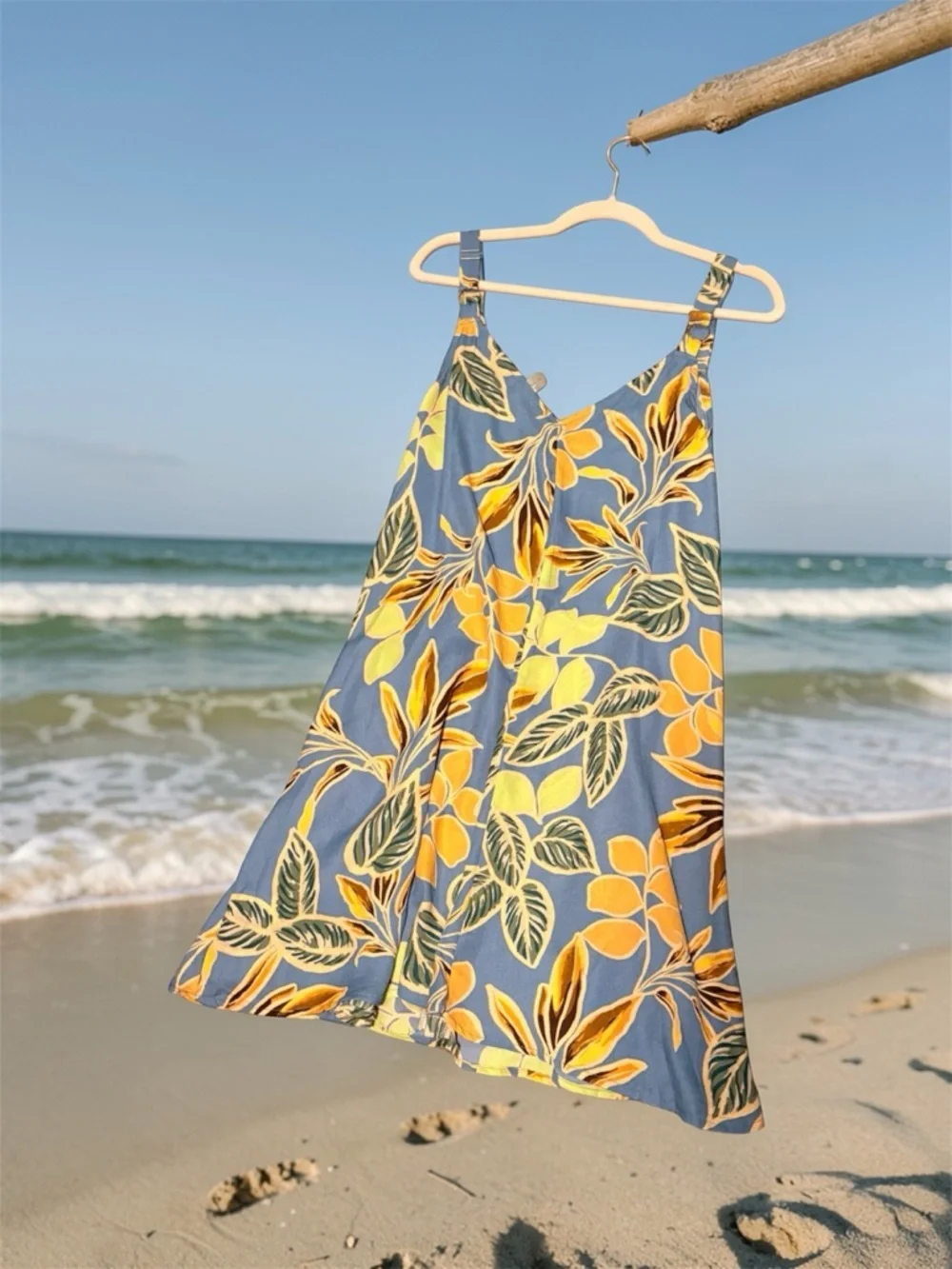 Mahina Blue Floral Swim Coverup or Spring Dress with Yellow & Green Leaf Print - Picture 5 of 6